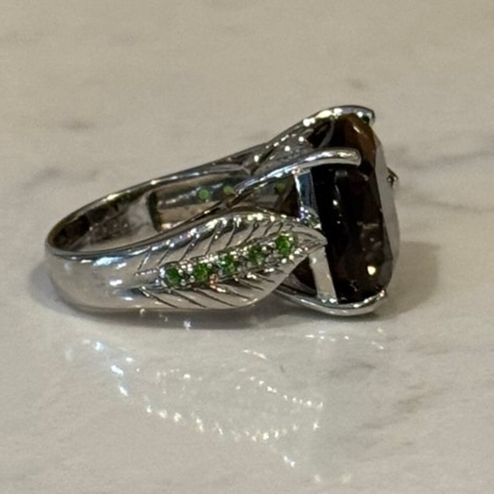 Sterling Silver 925 Large Smokey Gem Green Smaller Gems Botanical Ring Sz 7.5